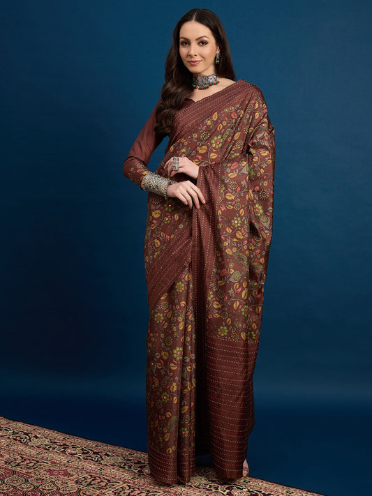 Brown Brown Tussar Silk Blend Printed Saree