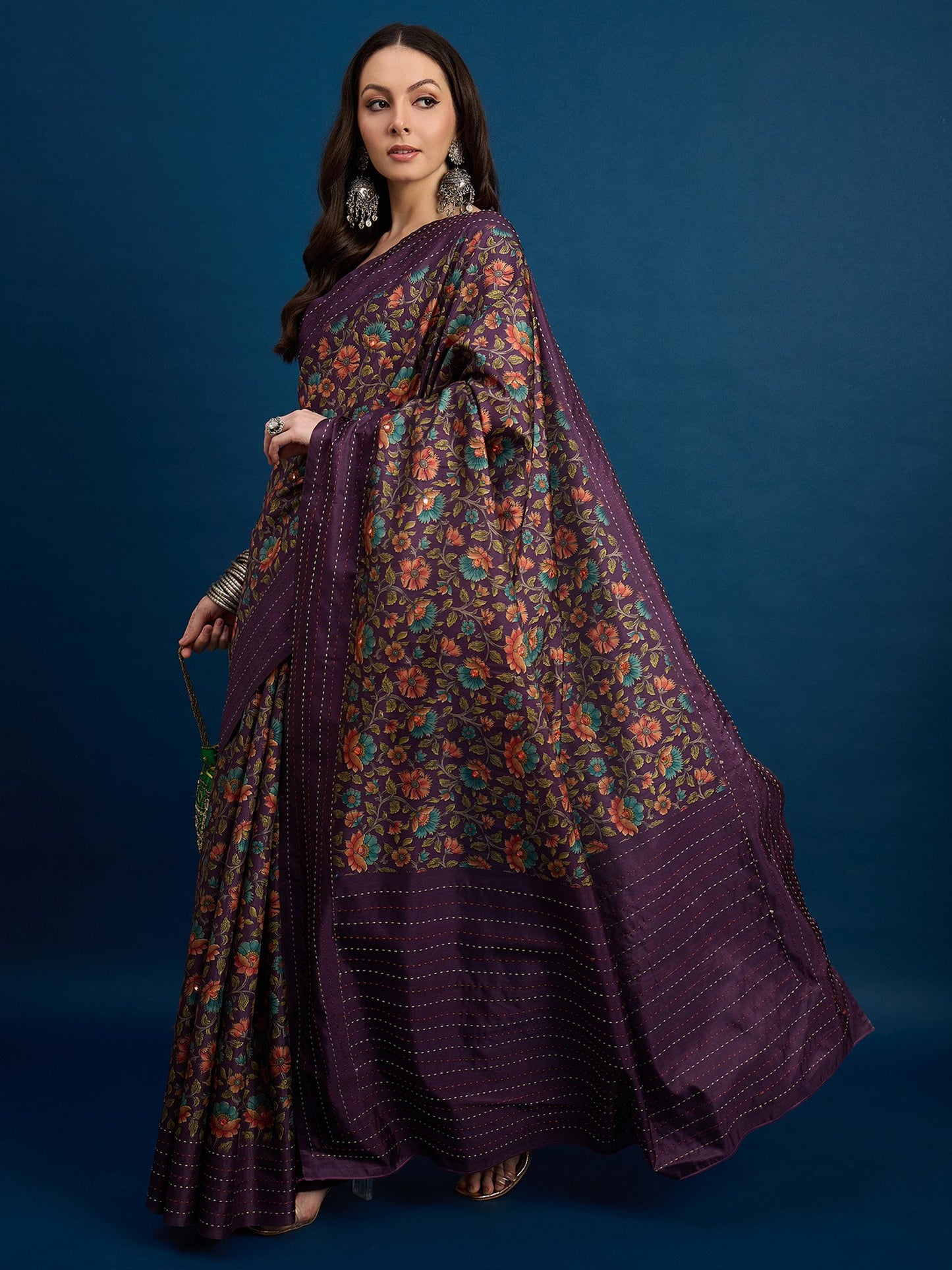 Purple Tussar Silk Blend Printed Saree