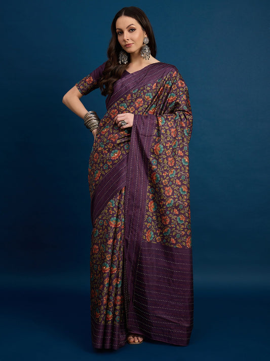 Purple Purple Tussar Silk Blend Printed Saree