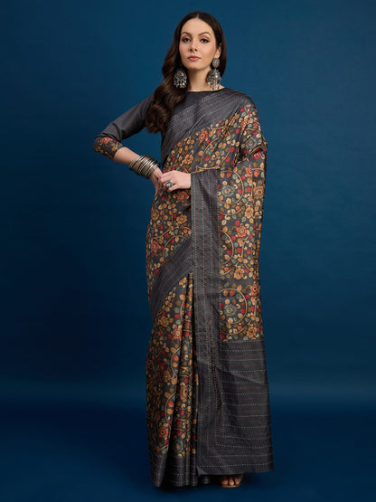 Grey Charcoal Tussar Silk Blend Printed Saree