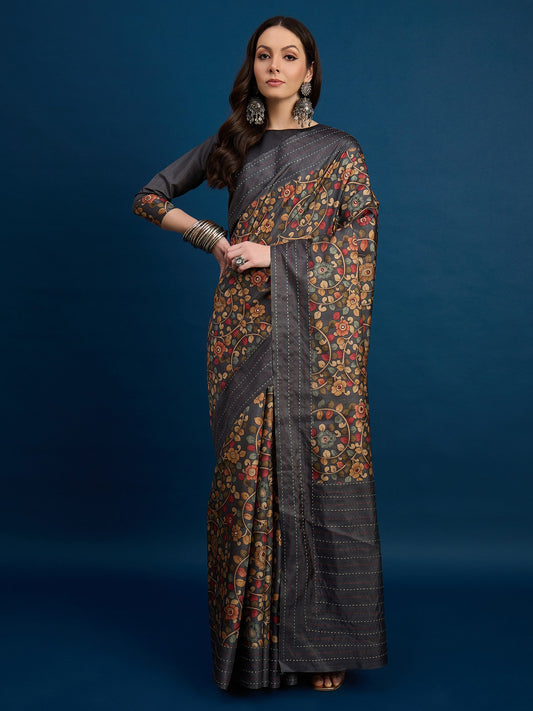 Grey Charcoal Tussar Silk Blend Printed Saree