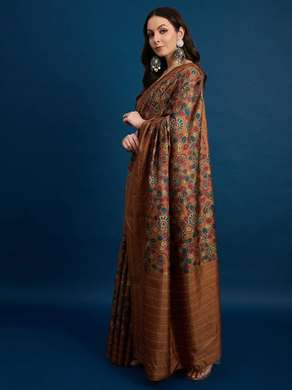 Brown Tussar Silk Blend Printed Saree