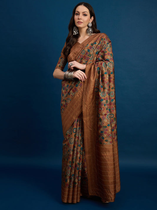 Brown Brown Tussar Silk Blend Printed Saree