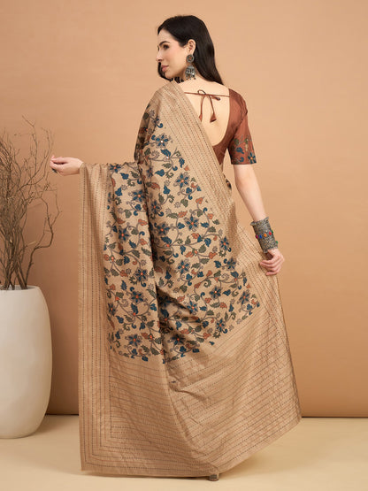 Beige Tussar Silk Blend Printed Saree