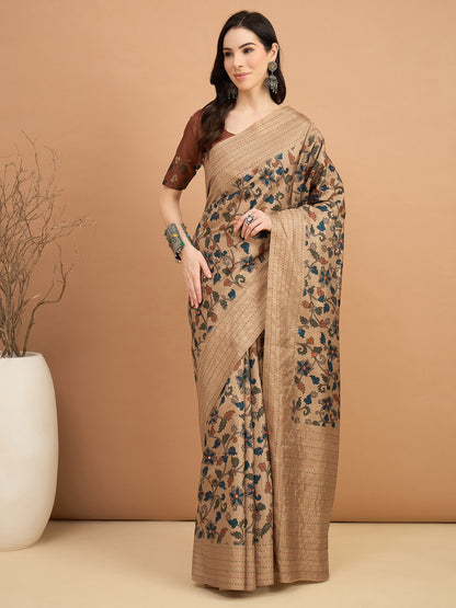 Brown Beige Tussar Silk Blend Printed Saree