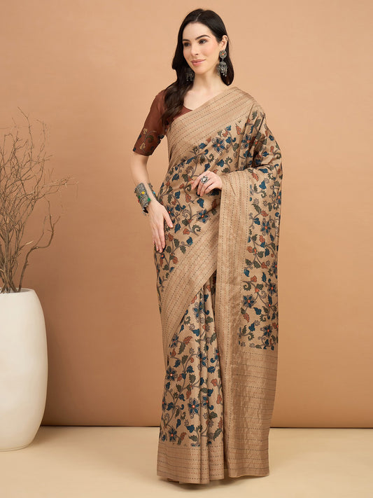 Brown Beige Tussar Silk Blend Printed Saree