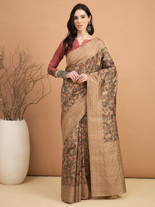 Brown Beige Tussar Silk Blend Printed Saree