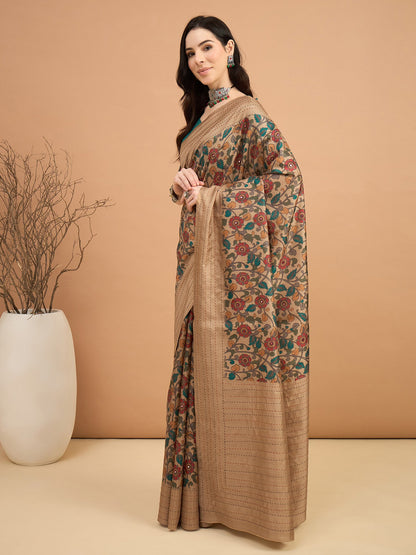 Beige Tussar Silk Blend Printed Saree