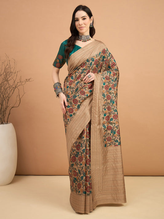 Brown Beige Tussar Silk Blend Printed Saree