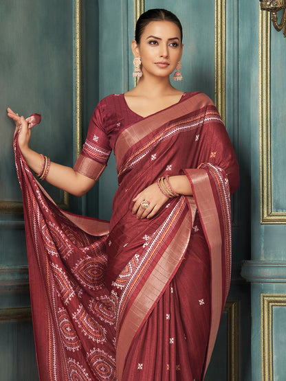 Maroon Block Print Silk Blend Printed Saree