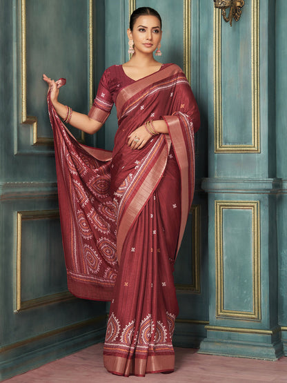 Maroon Maroon Block Print Silk Blend Printed Saree