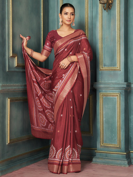 Maroon Maroon Block Print Silk Blend Printed Saree