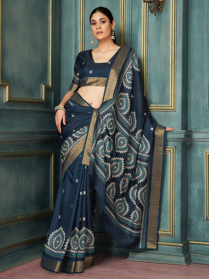 Blue Navy Block Print Silk Blend Printed Saree
