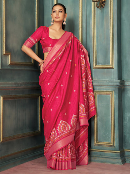 Pink Pink Block Print Silk Blend Printed Saree