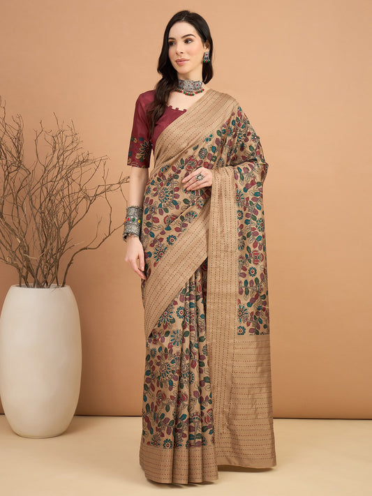 Brown Beige Tussar Silk Blend Printed Saree