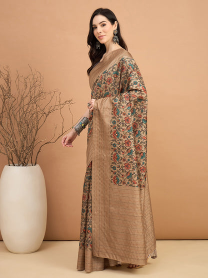 Beige Tussar Silk Blend Printed Saree
