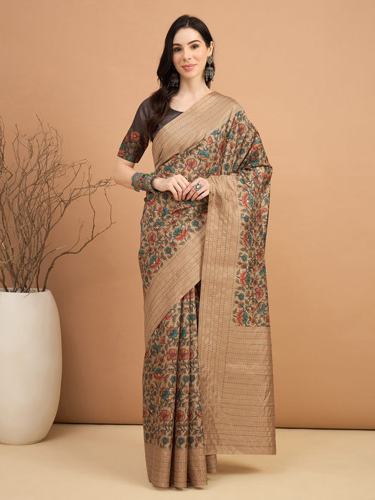 Brown Beige Tussar Silk Blend Printed Saree