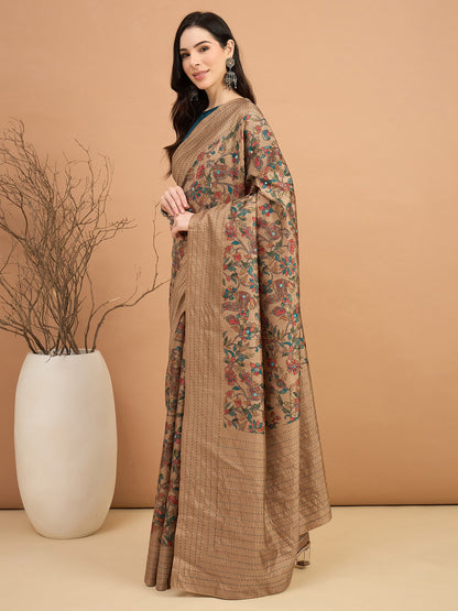 Beige Tussar Silk Blend Printed Saree