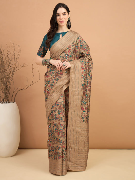 Brown Beige Tussar Silk Blend Printed Saree
