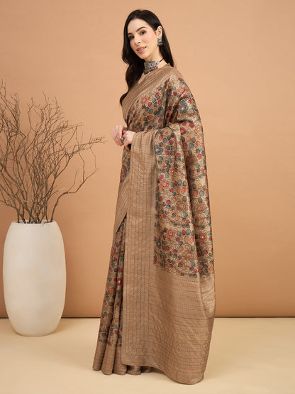 Beige Tussar Silk Blend Printed Saree