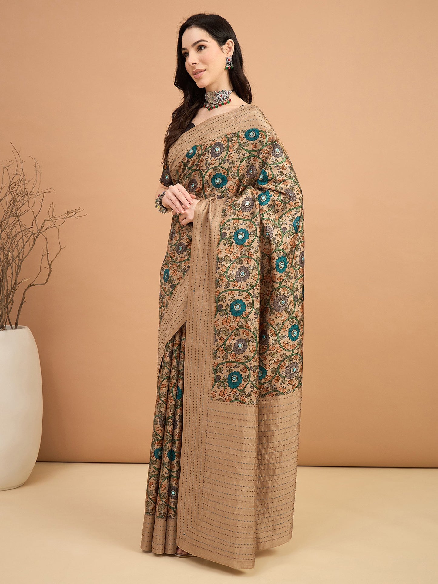 Beige Tussar Silk Blend Printed Saree