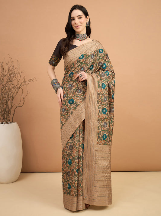 Brown Beige Tussar Silk Blend Printed Saree