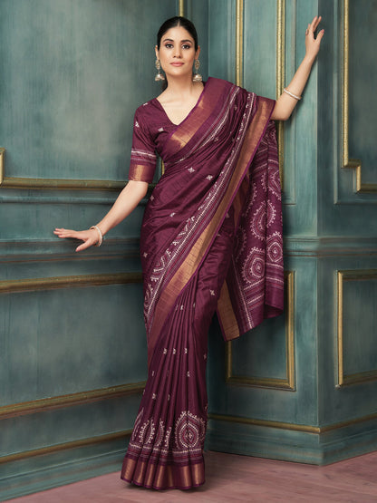 Burgundy Block Print Silk Blend Printed Saree