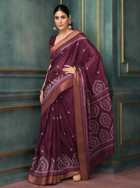 Purple Burgundy Block Print Silk Blend Printed Saree