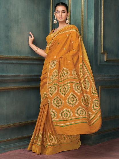 Mustard Block Print Silk Blend Printed Saree