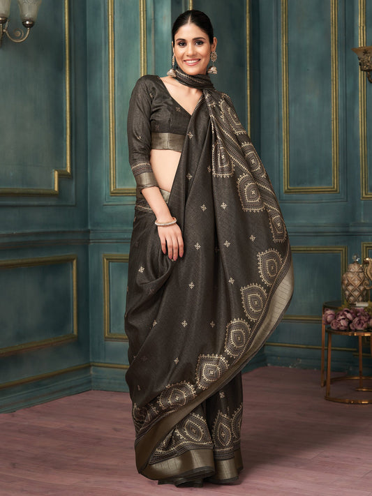 Brown Dark Block Print Silk Blend Printed Saree