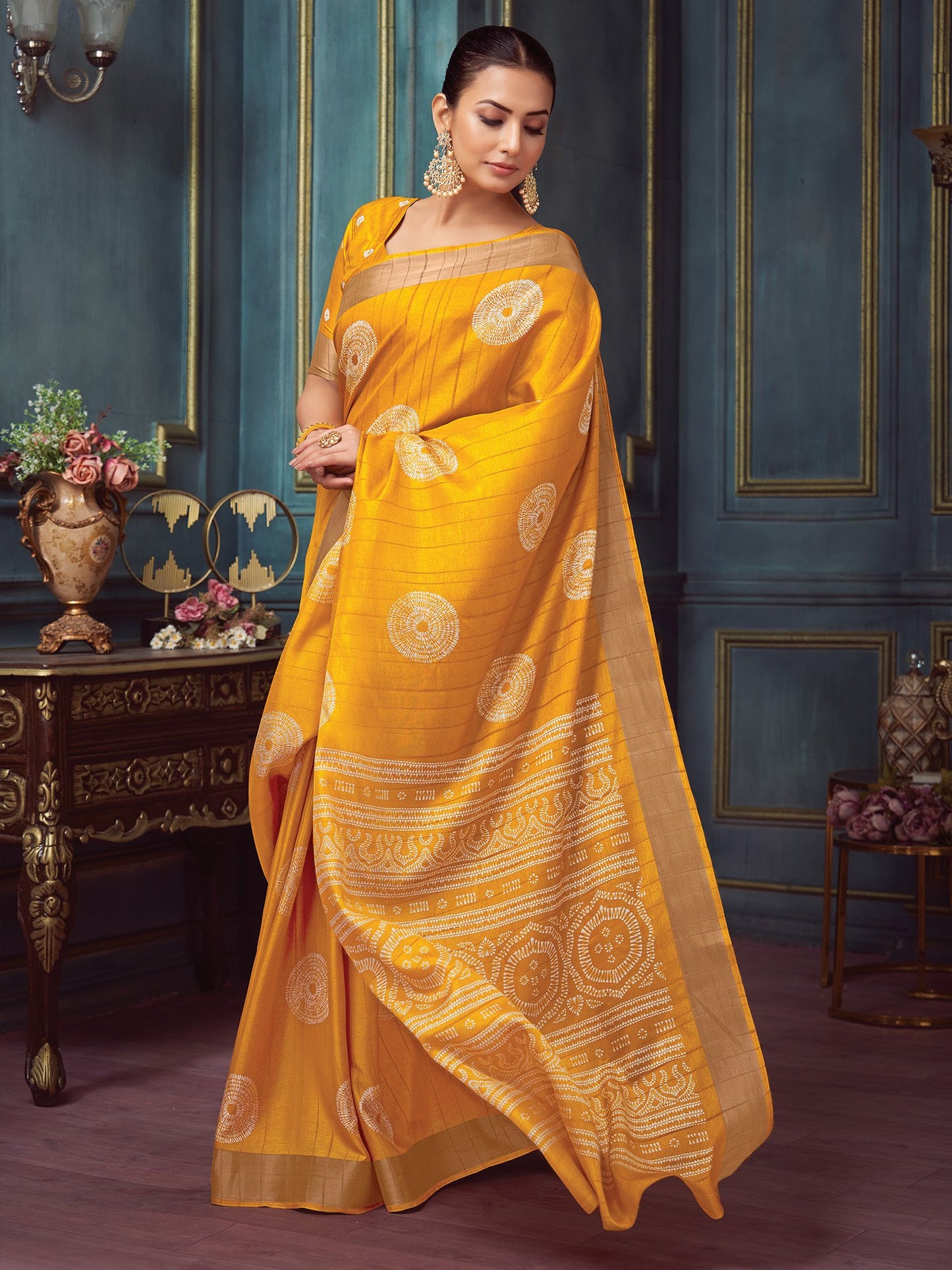 Yellow Block Print Silk Blend Printed Saree