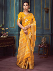 Yellow Yellow Block Print Silk Blend Printed Saree