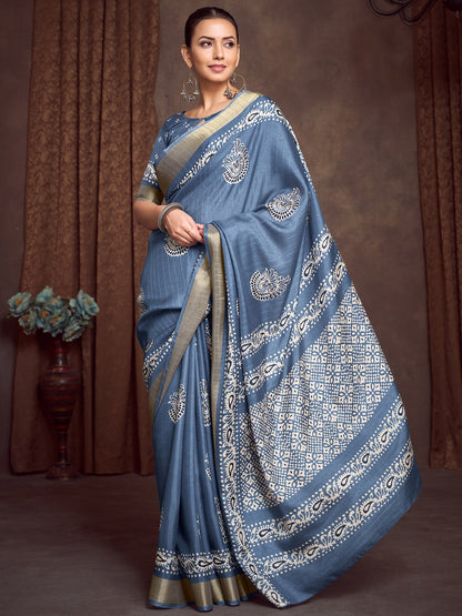 Blue Block Print Silk Blend Printed Saree