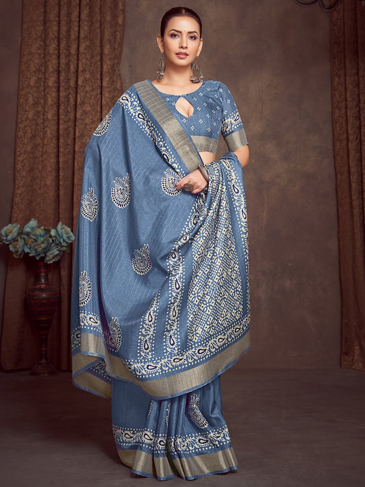 Blue Blue Block Print Silk Blend Printed Saree