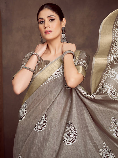 Cream Block Print Silk Blend Printed Saree