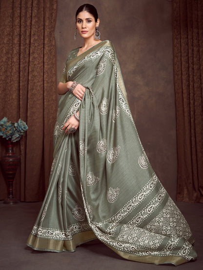 Light Block Print Silk Blend Printed Saree