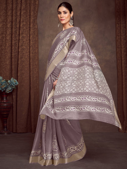 Mauve Block Print Silk Blend Printed Saree