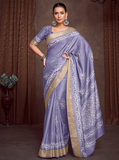 Lavender Lavendar Block Print Silk Blend Printed Saree
