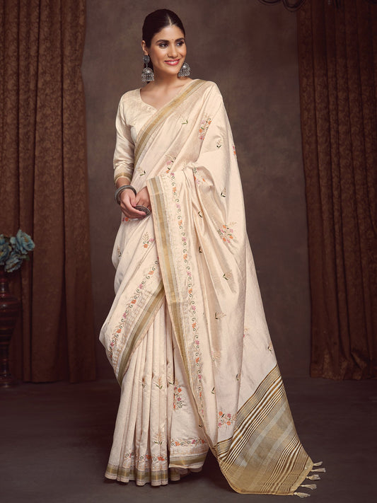Cream Cream Kasavu Linen Blend Woven Saree