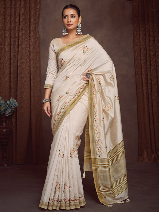 Cream Cream Kasavu Linen Blend Woven Saree