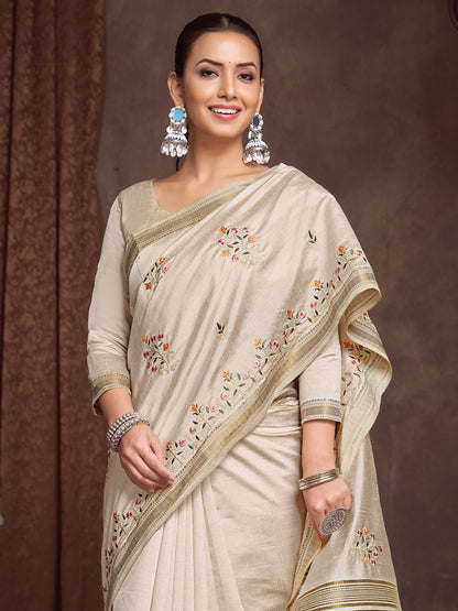 Cream Kasavu Linen Blend Woven Saree