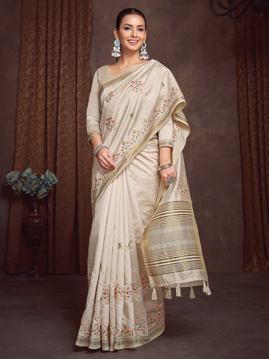 Cream Cream Kasavu Linen Blend Woven Saree