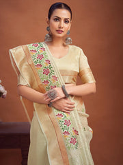 Cream Cream Party Wear Linen Woven Saree
