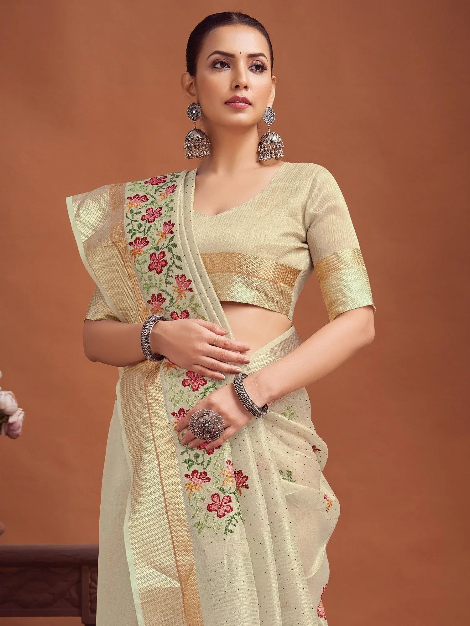 Cream Party Wear Linen Woven Saree