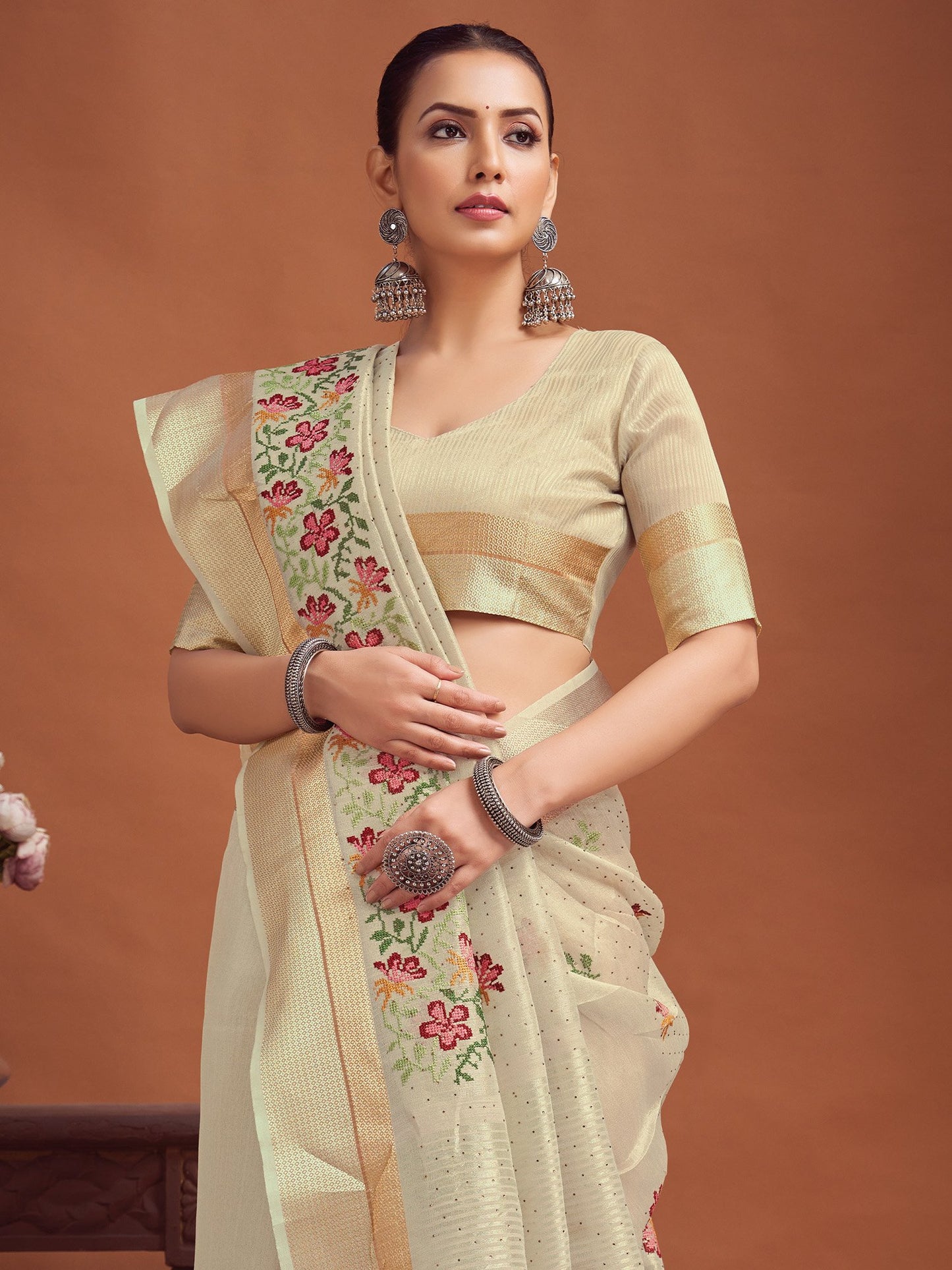 Cream Party Wear Linen Woven Saree