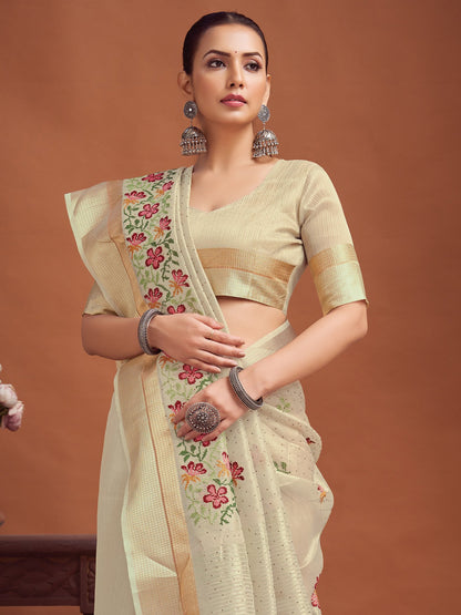 Cream Party Wear Linen Woven Saree