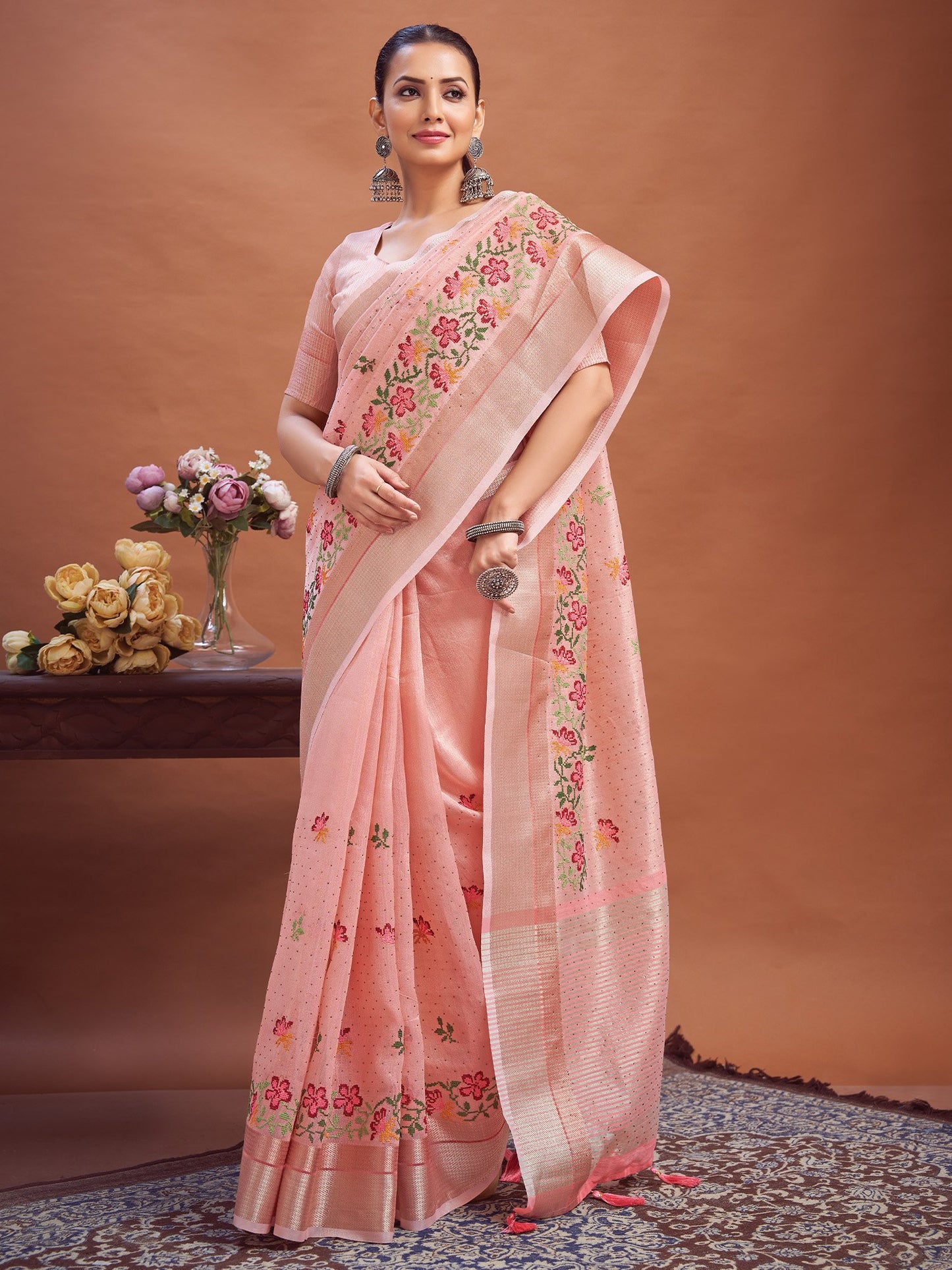 Rose Party Wear Linen Woven Saree