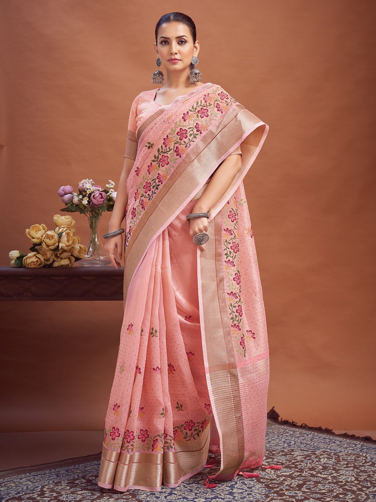 Pink Rose Party Wear Linen Woven Saree