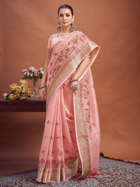 Pink Rose Party Wear Linen Woven Saree