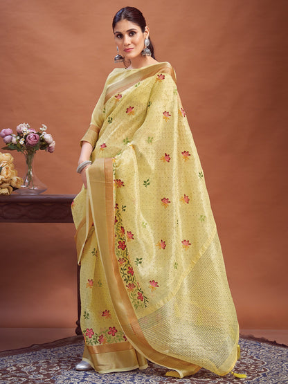 Yellow Party Wear Linen Woven Saree
